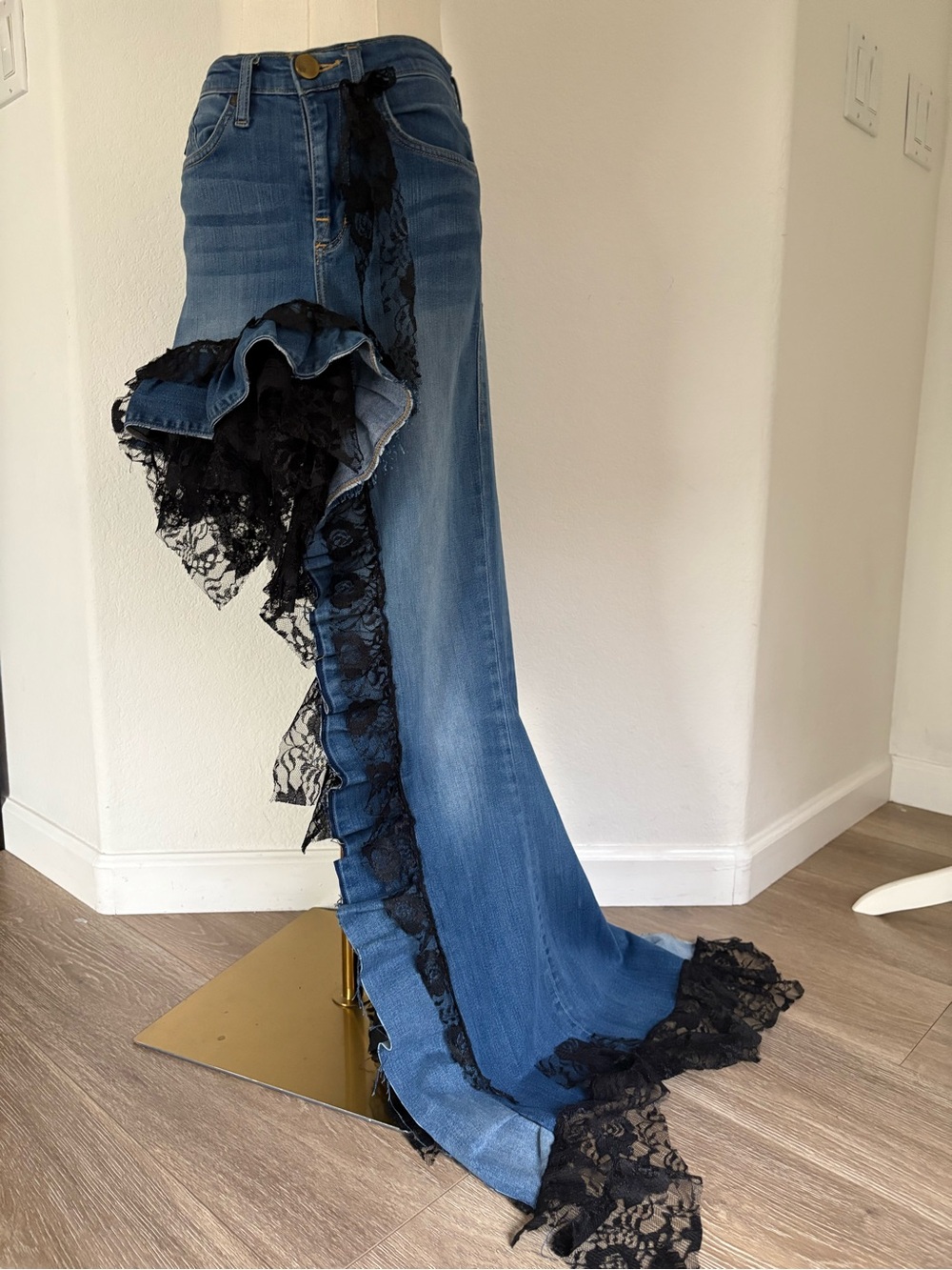 Handmade Upcycled Rock & Republic Asymmetrical Denim Lace Maxi Skirt